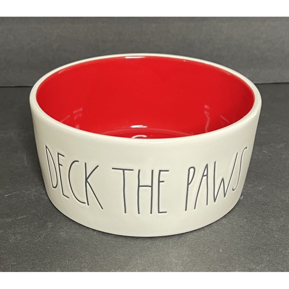 Rae Dunn by Magenta DECK THE PAWS 6" Dog Cat Bowl Pet Dish Christmas Red White